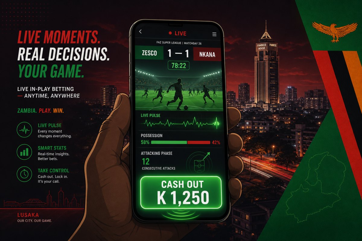 Live in-play betting moment on Zambian sportsbook smartphone showing FAZ Super League match Zesco 1-1 Nkana at 78:22 with glowing green CASH OUT K 1,250 button and Lusaka Findeco House skyline at night