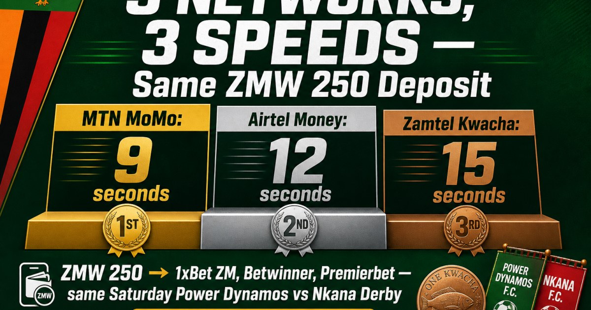 Zambia 3-MoMo Network Race: MTN MoMo 9 seconds (1st), Airtel Money 12 seconds (2nd), Zamtel Kwacha 15 seconds (3rd) — same ZMW 250 deposit to 1xBet ZM, Betwinner and Premierbet on the same Saturday Power Dynamos vs Nkana Derby per AfricanBettingGuides 2026 editorial
