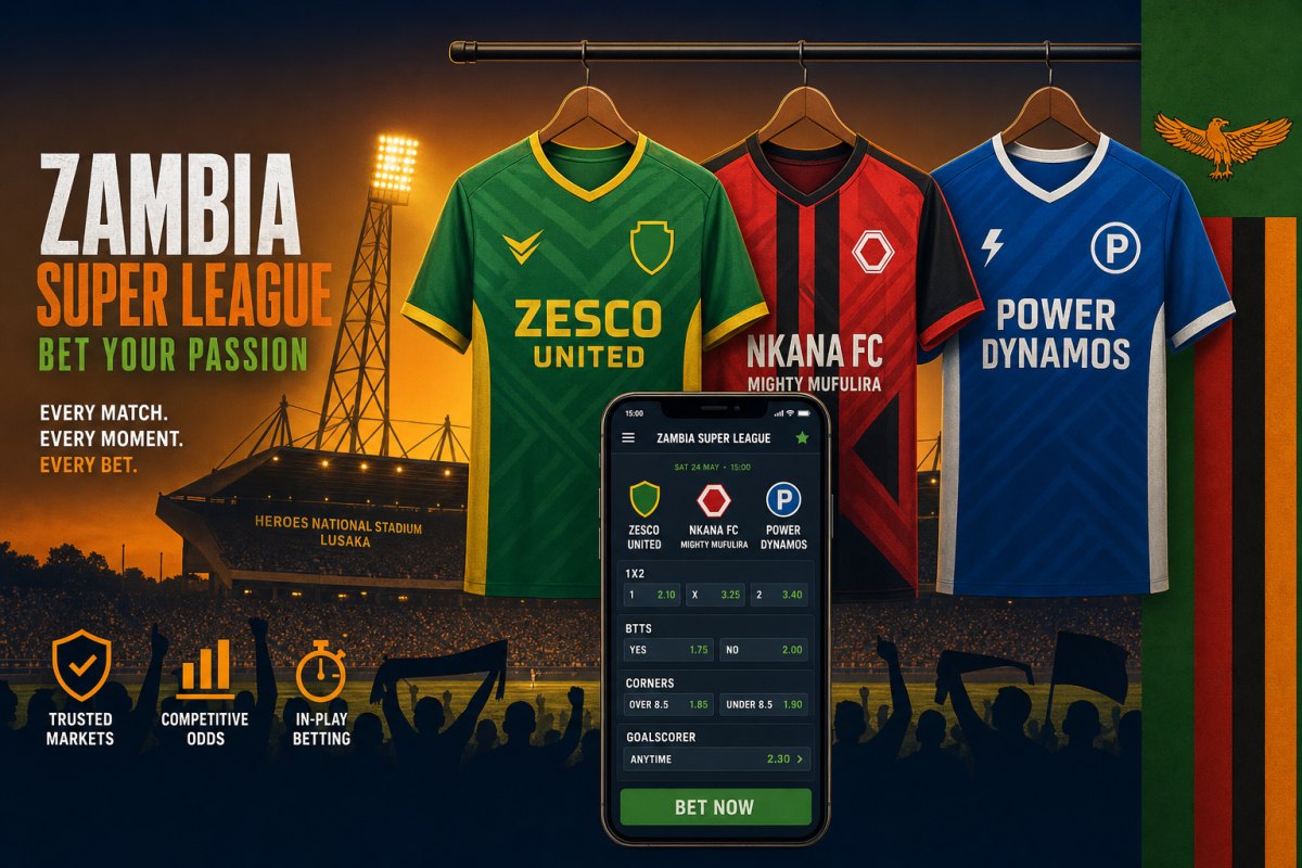 Zambia Super League football jerseys for Zesco United Nkana FC Mighty Mufulira and Power Dynamos hanging on a rail in front of Heroes National Stadium Lusaka at night with smartphone fixture card showing 1X2 BTTS corners and goalscorer markets